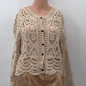 En Creme OS Beige Crochet Button Front Cardigan Boho Cottagecore Fairycore